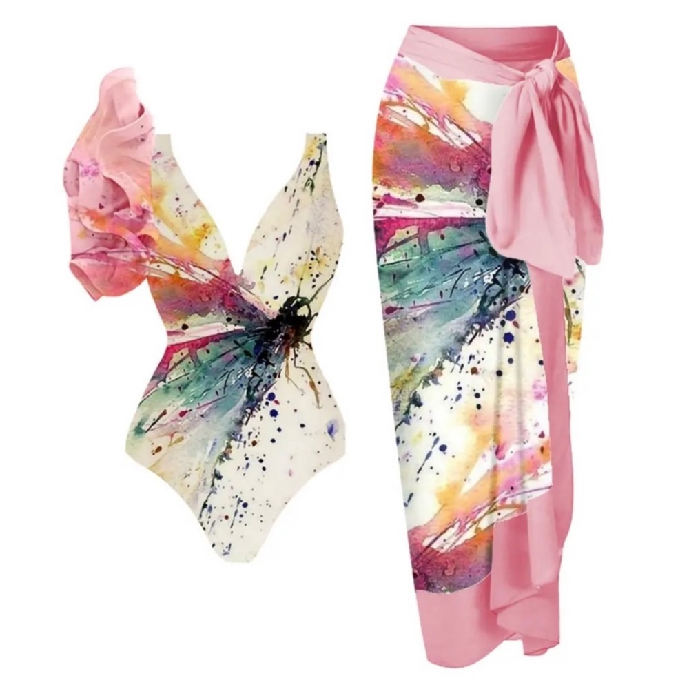 Colorful Butterfly Print Swimsuit and Sarong Set
